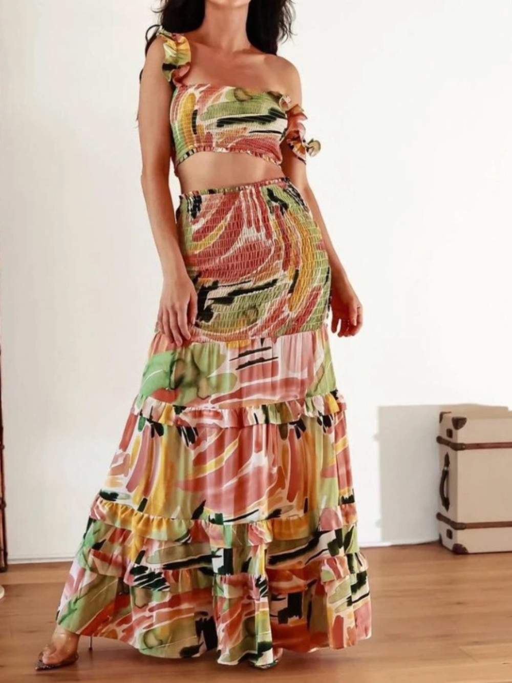 Lux Multicolor Green Orange Two-Piece Maxi Set